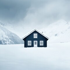 Snowstorm engulfing a mountain cabin, harsh weather, snow-covered surroundings