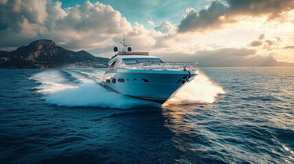 Luxury yacht in the sea at sunset time. 3d rendering