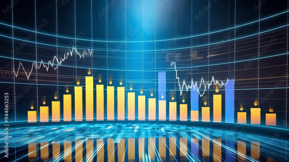 Aufkleber a dynamic visualization of financial data, showcasing market trends with colorful graphs and digital