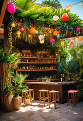 lush greenery enveloping lively outdoor bar colorful decor inviting seating arrangements, vibrant, plants, alfresco, ambiance, drinks, tables, umbrellas