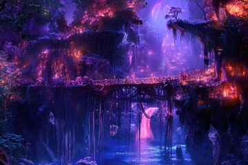 A vibrant, mystical landscape featuring a glowing bridge and waterfall in a lush environment.