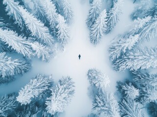 Aerial photograph of a person lying on a frozen lake in Eibsee, Germany, surrounded by symetric snowy pine forests