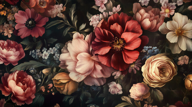 Fototapeta Tapeta w stylu vintage z fantastycznym motywem botanicznym. Na tle widnieje bukiet kwiatów w odcieniach retro.