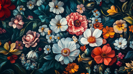 Tapeta w stylu vintage z fantastycznym motywem botanicznym. Na tle widnieje bukiet kwiatów w odcieniach retro.