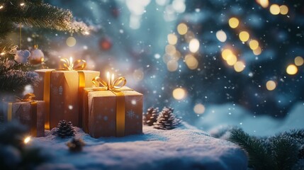 Zauberhafte Weihnachtsmomente: Strahlende Kerzen erhellen ein Bild von perfekt verpackten Weihnachtsgeschenken, eingehÃ¼llt in die warme AtmosphÃ¤re der Feiertage. Besinnliche und festliche Stimmung.