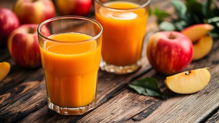 Fototapeta premium Apple juice on the wooden table, autumn style