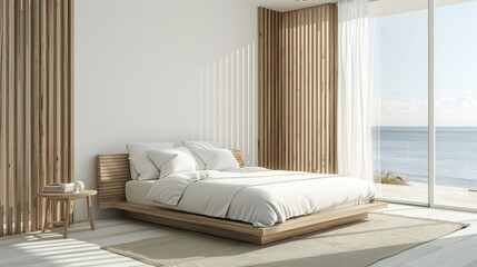 Serene Coastal Escape - Modern Minimal Bedroom with Comfortable Bed and Sea-inspired Decor