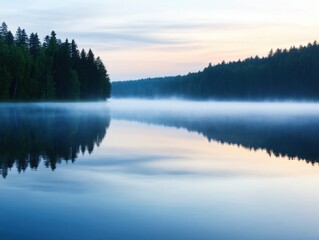 Fototapeta premium Drifting fog over a still lake at dawn, foggy weather, calm and ethereal