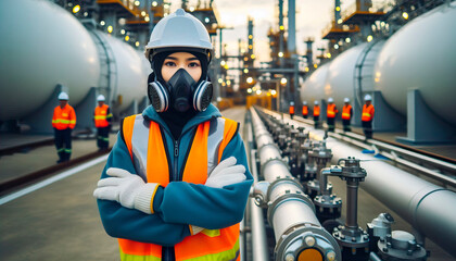 Factory operator with emergency suit, oil refinery, factory operator with gas mask