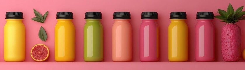 Organic juice bottles, made from fresh fruits, 3D illustration