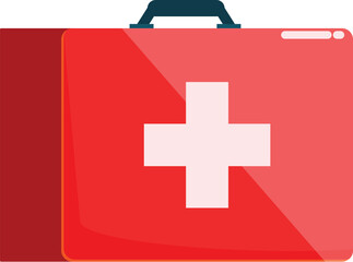 Simple illustration of a closed red first aid kit, featuring a prominent white cross symbol, conveying a sense of medical preparedness and safety