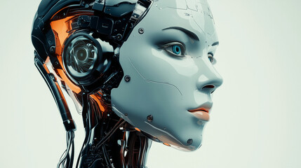 Twarz kobiecego robota w koncepcji sztucznej inteligencji, z nowoczesnym, futurystycznym wyglądem. Oczy robota są zintegrowane z jego strukturą, świecąc delikatnym blaskiem.