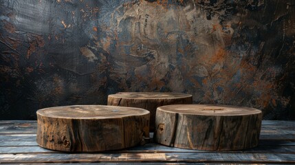 Fototapeta premium Three wooden logs artistically placed on a rustic wooden surface with a beautifully textured backdrop, evoking a sense of natural elegance and earthy charm.