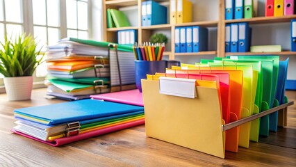 Colorful plastic folders with tabs and labels organized on a wooden desk surrounded by scattered papers and office supplies in a busy workspace atmosphere.