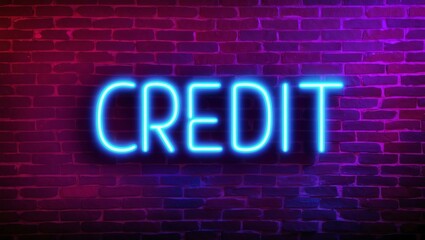 neon backlit style of the word credit on a brick wall background