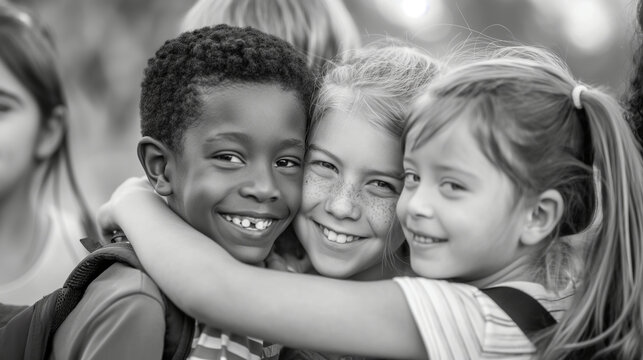Kids with New Friends: Kids making new friends on the first day of school, bonding over shared interests, with copy space