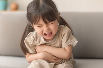 Little girl has stomachache at home