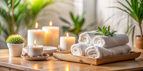 Warm Ambiance Rolled Towels with Candles and Green Plants on Wooden Table