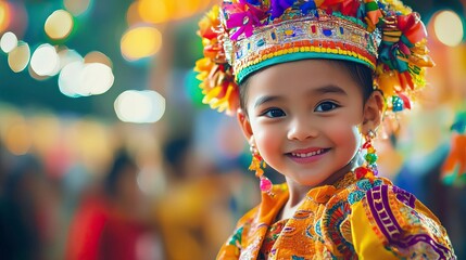 Fototapeta premium A joyful child in a vibrant, traditional costume, smiling brightly at a festive celebration filled with colorful lights.