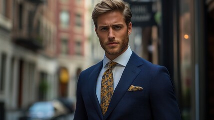 workplace fashion styles, a refined man in a navy suit, white shirt, and silk tie looks confident and elegant in his workplace attire