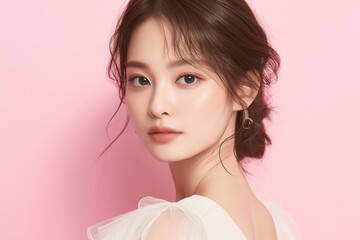 Beauty portrait of young Asian woman in dress on pink background