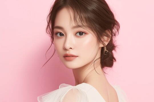Beauty portrait of young Asian woman in dress on pink background