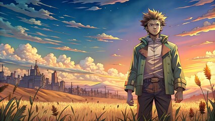 A lofi Japanese anime-style scene set on a tranquil farm during the evening. A young man stands amid golden fields, bathed in the warm glow of the setting sun, created using  AI