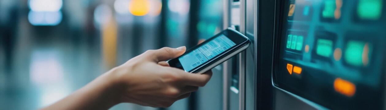 Person using digital wallet at a vending machine, representing the cashless convenience of modern finance, Wallet vending machine, Cashless digital finance