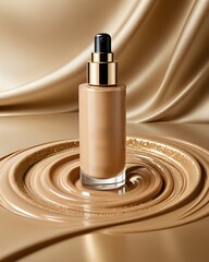 Makeup foundation bottle on a swirl of liquid foundation.