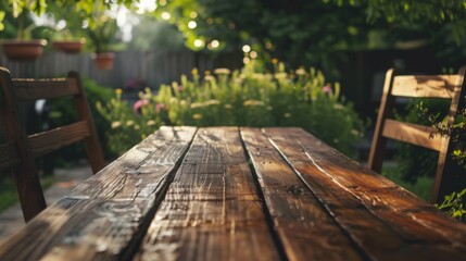 Fototapeta premium A wooden table is placed in a lush garden bathed in sunlight, surrounded by vibrant flowers and greenery, creating a peaceful and refreshing outdoor space.