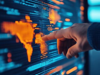 Visual of a digital interface showing economic policy scenarios with outcomes projected on a global scale, concept of predictive economic planning