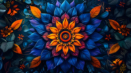 Abstract Floral Illustration with Blue and Orange Leaves