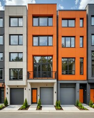 Obraz premium Modern townhouses with orange and white exteriors, grey garage doors, and lush green landscaping.