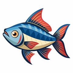 A cartoon illustration of a fish with blue and red fins