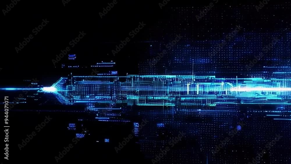 Poster a futuristic display of digital data and graphics, showcasing motion and energy in a visually striki