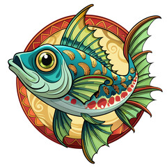 Cartoon Illustration of a Colorful Fish with Ornate Fins