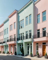 Colorful townhouses with balconies and potted plants on a sunny day.