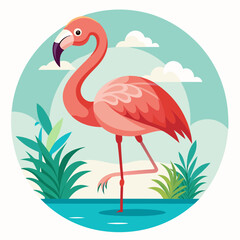 Obraz premium Pink Flamingo Standing in Blue Water with Green Plants and Clouds in a Circular Frame