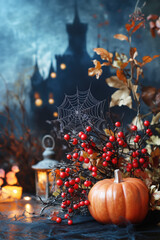 Halloween vertical background with copy space. Pumpkins, lantern, candles,  autumn leaves, spider web, red berries, old castle. 