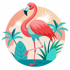 Pink Flamingo Standing in Tropical Paradise