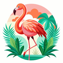 Pink Flamingo Standing in Tropical Foliage