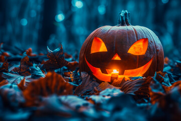 Obraz premium Glowing Halloween pumpkin on the ground in a gloomy forest. Autumn seasonal wallpaper