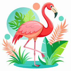Obraz premium Pink Flamingo Standing in Tropical Foliage with Blue Water