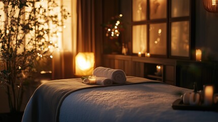 Cozy empty spa room premises with dim soft light and candle decoration with no people and inviting bed in japanese style with rolled towels and green plants