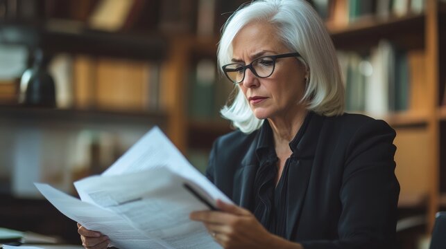 A dedicated professional evaluates important documents while seated at her office desk