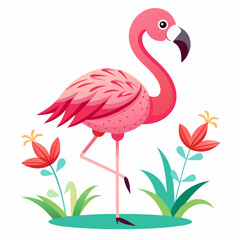 Fototapeta premium Pink Flamingo Standing on One Leg in Grass with Flowers