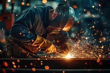 A skilled welder working with intricate sparks in a workshop, showcasing the art of metal fabrication and craftsmanship.