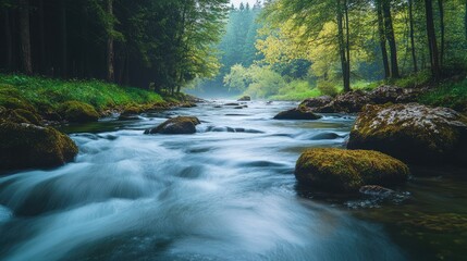 Obraz premium Serene River Flowing Through a Misty Forest
