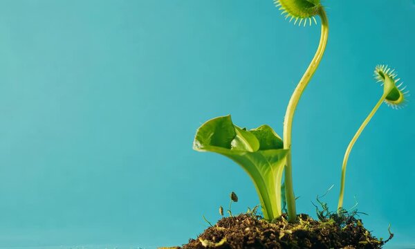 Two vibrant green Venus flytraps with open traps, blue sky backdrop