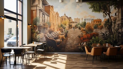 Naklejka premium A photo of a boutique cafe with artistic wall murals.